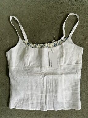 Reformation White Linen Floral-Trim Spaghetti Strap Camisole